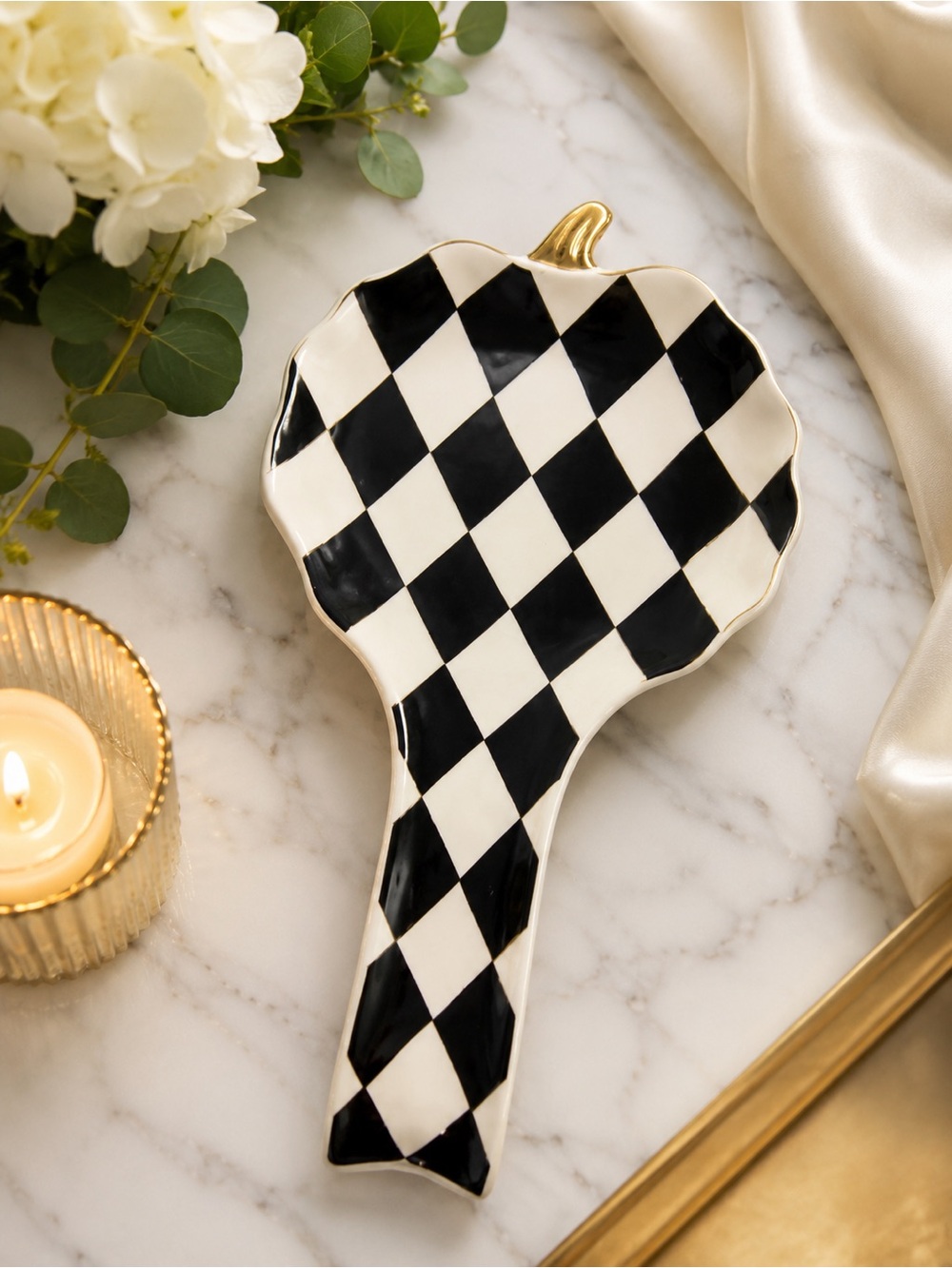 Black and White Harlequin Ceramic Spoon Rest with Gold Accent